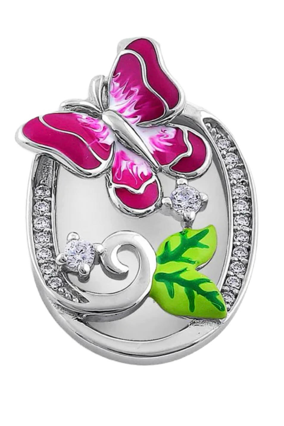 Hand-Painted Enamel Pink Butterfly and CZ on Sterling Silver Silver Pendant