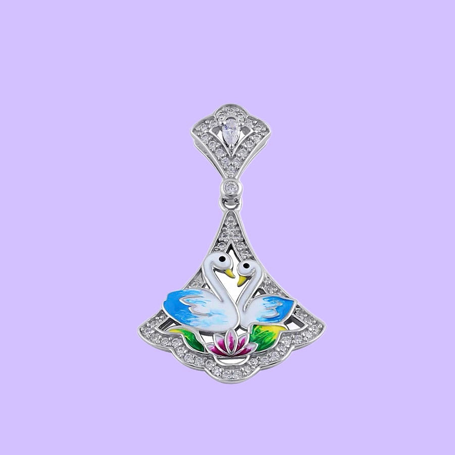 Hand-Painted Enamel Swans with CZ on Sterling Silver Pendant