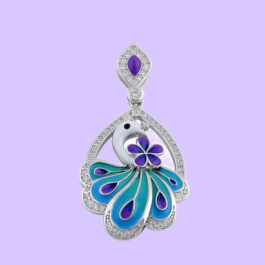 Hand-Painted Enamel Peacock with CZ on Sterling Silver Pendant