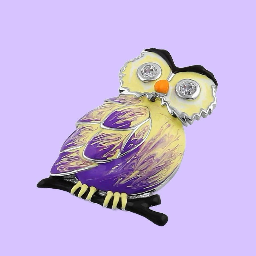 Hand-Painted Enamel Owl CZ Sterling Silver Pendant