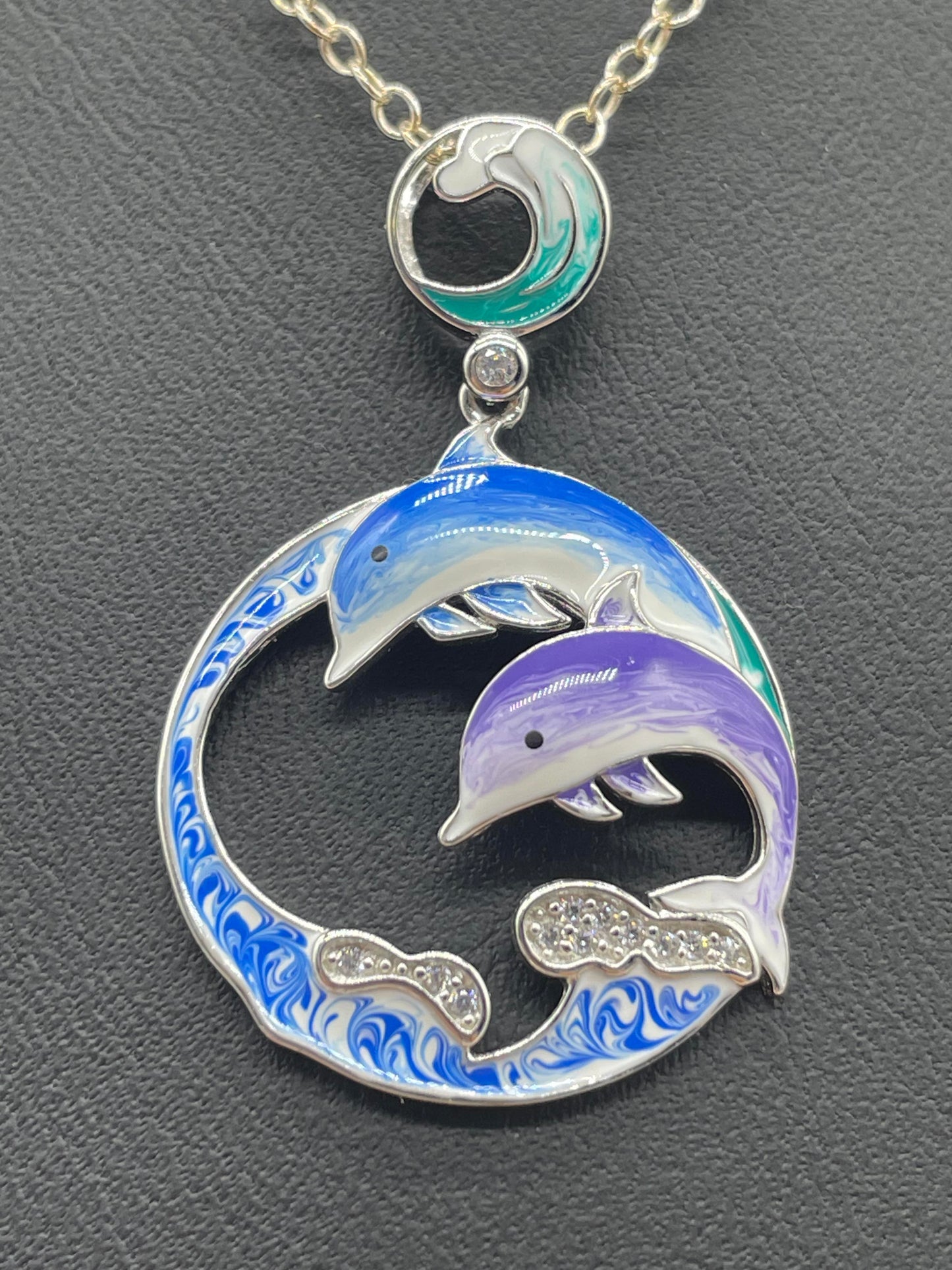 Hand-Painted Enamel Dolphins CZ Sterling Silver Pendant