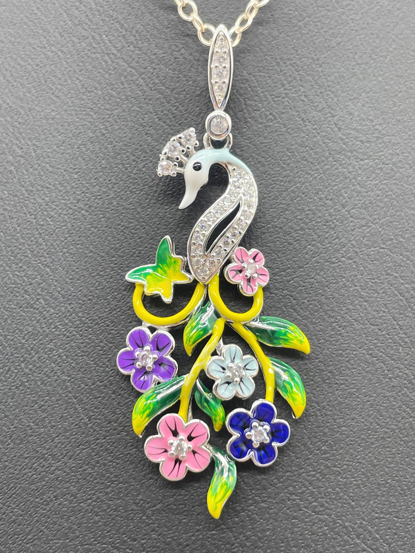 Hand-Painted Enamel Swan/Flowers CZ Sterling Silver Pendant
