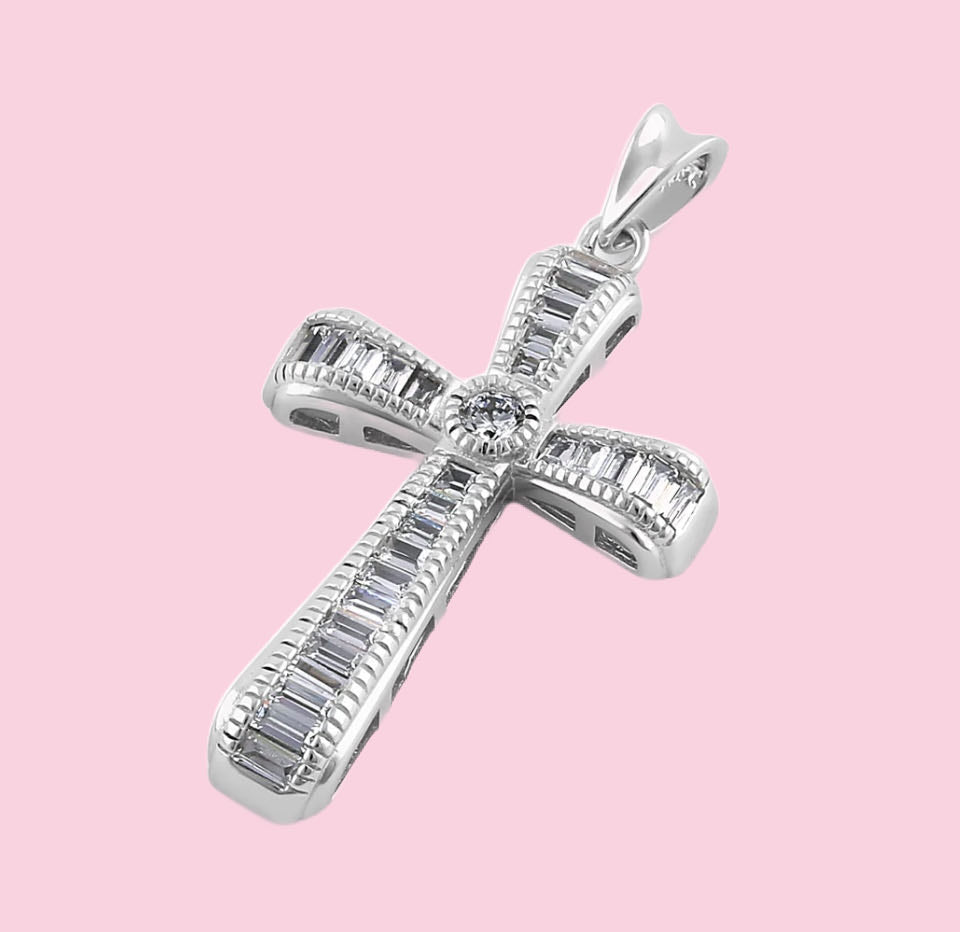 Sterling Silver Cross with Rectangular and Round Cubic Zirconias.